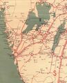 Karta över Rikstelefonnätet i västra Sverige, med manuella telefonväxlar 1905. Ofylld kvadrat=Budskickning för telefonsamtal inom 1 kilometer, Dubbla cirklar=Centralstation, Halvfylld cirkel=Natt-tjänst mot avgift per samtal.