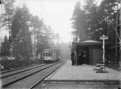 Smedslätten (Nockebybanan) spårvagnshållplats vid Smedslättstorget 1923.